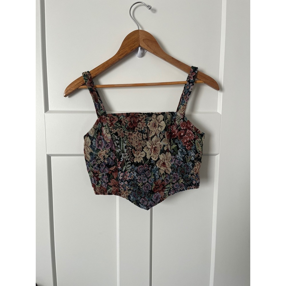 SHEIN Floral Tapestry Corset Top Sleeveless Handkerchief Hem Smocked Back Small